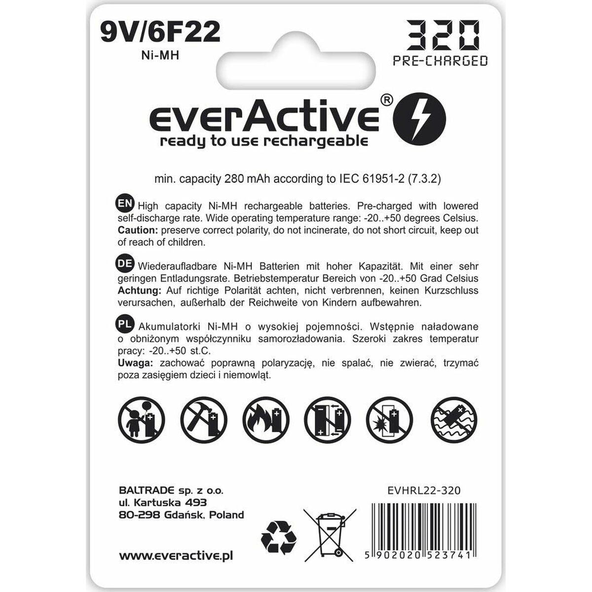 Akkus EverActive EVHRL22 320 mAh 9 V