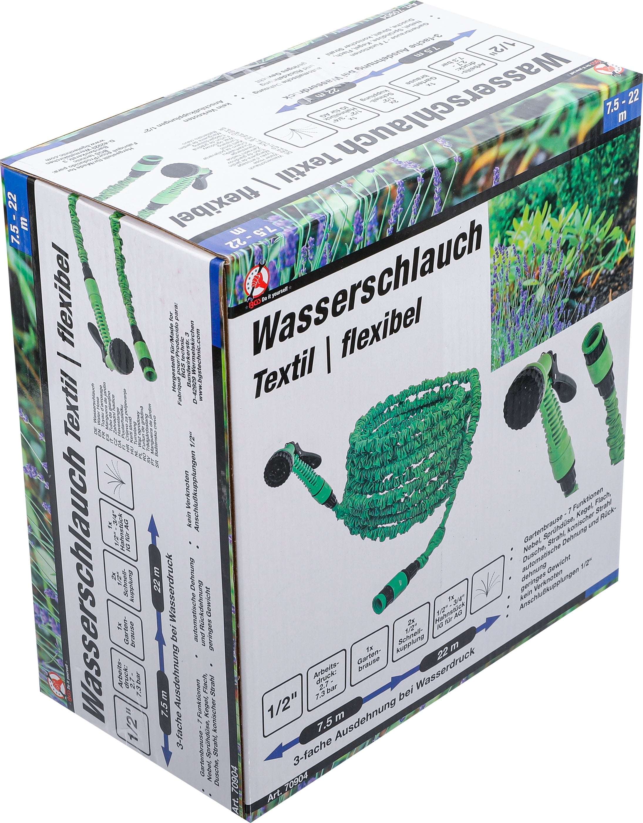 Wasserschlauch | Textil | flexibel | mit Garten-Handbrause mit 7 Funktionen | 7,5 - 22 m