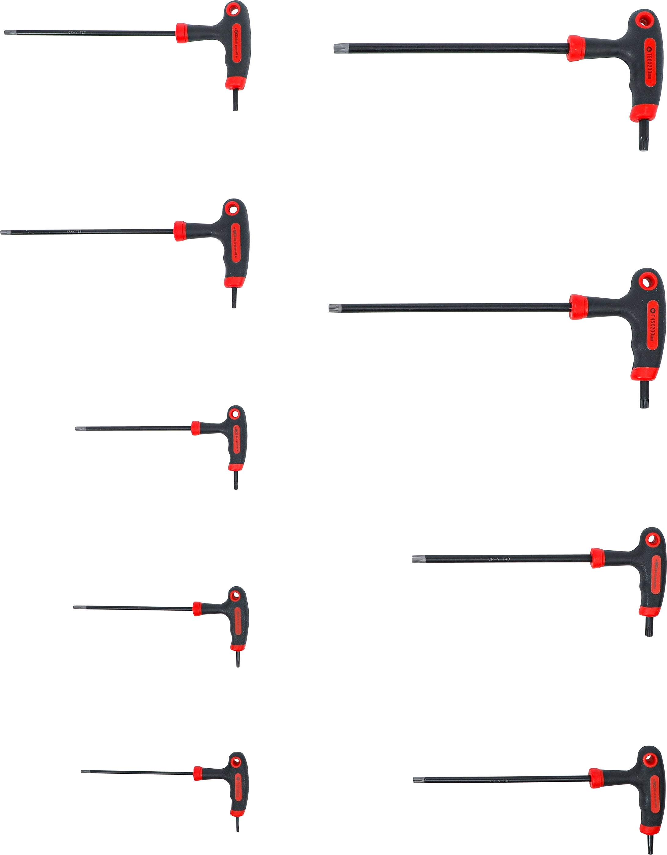 Schraubendreher-Satz mit T-Griff und seitlicher Klinge | T-Profil (für Torx) mit Bohrung | T10 - T50 | 9-tlg.