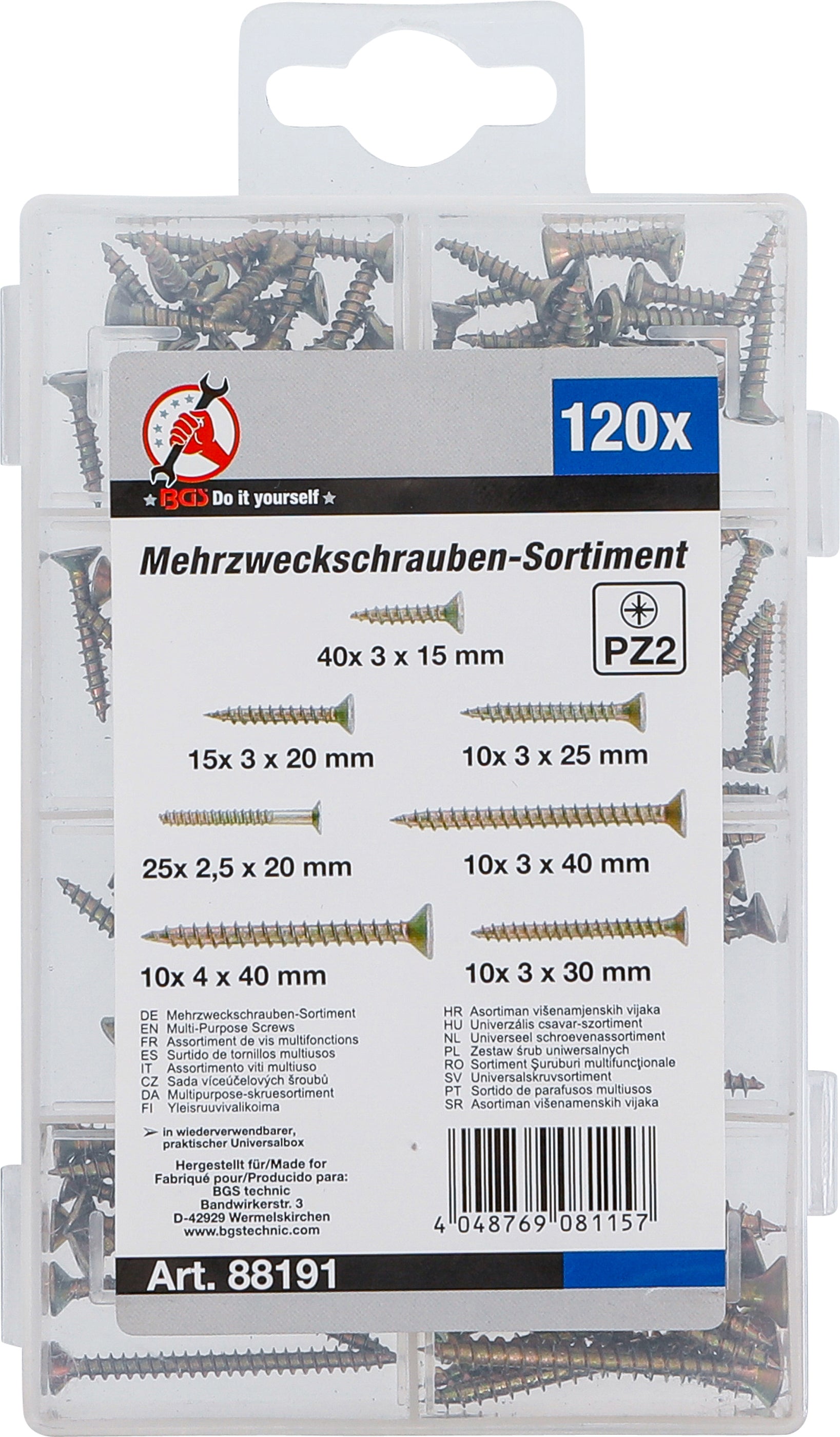 Mehrzweckschrauben-Sortiment | Kreuzschlitz PZ2 | 120 Stück