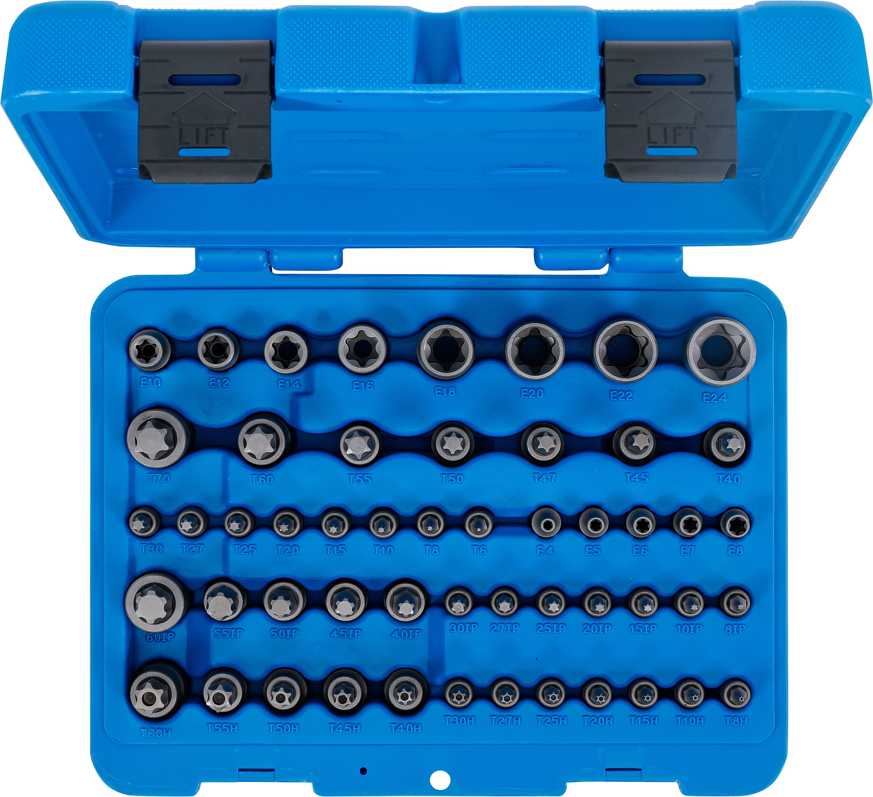 Bit-Einsatz- und Steckschlüssel-Einsatz-Satz | E-Profil / T-Profil (für Torx) / T-Profil (für Torx) mit Bohrung / TP-Profil (für Torx Plus) | 52-tlg.