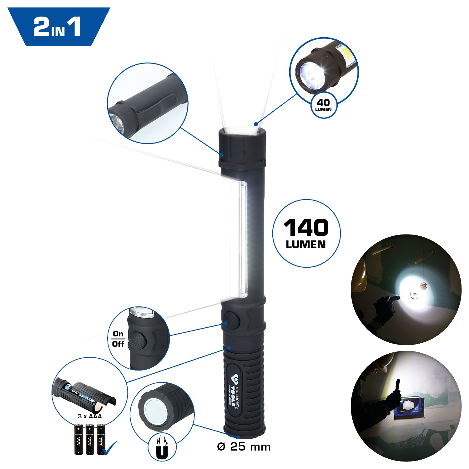 2 in 1 COB-Taschenlampe mit 140 Lumen