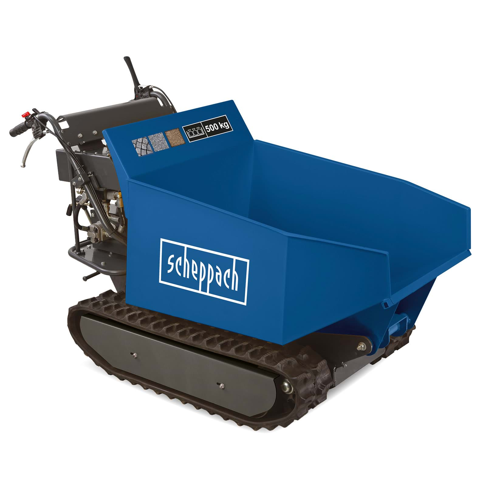 Kettendumper DP5000 Scheppach-5,6 PS | Traglast 500 kg | Kettenantrieb | Hydraulik-Kippbehälter