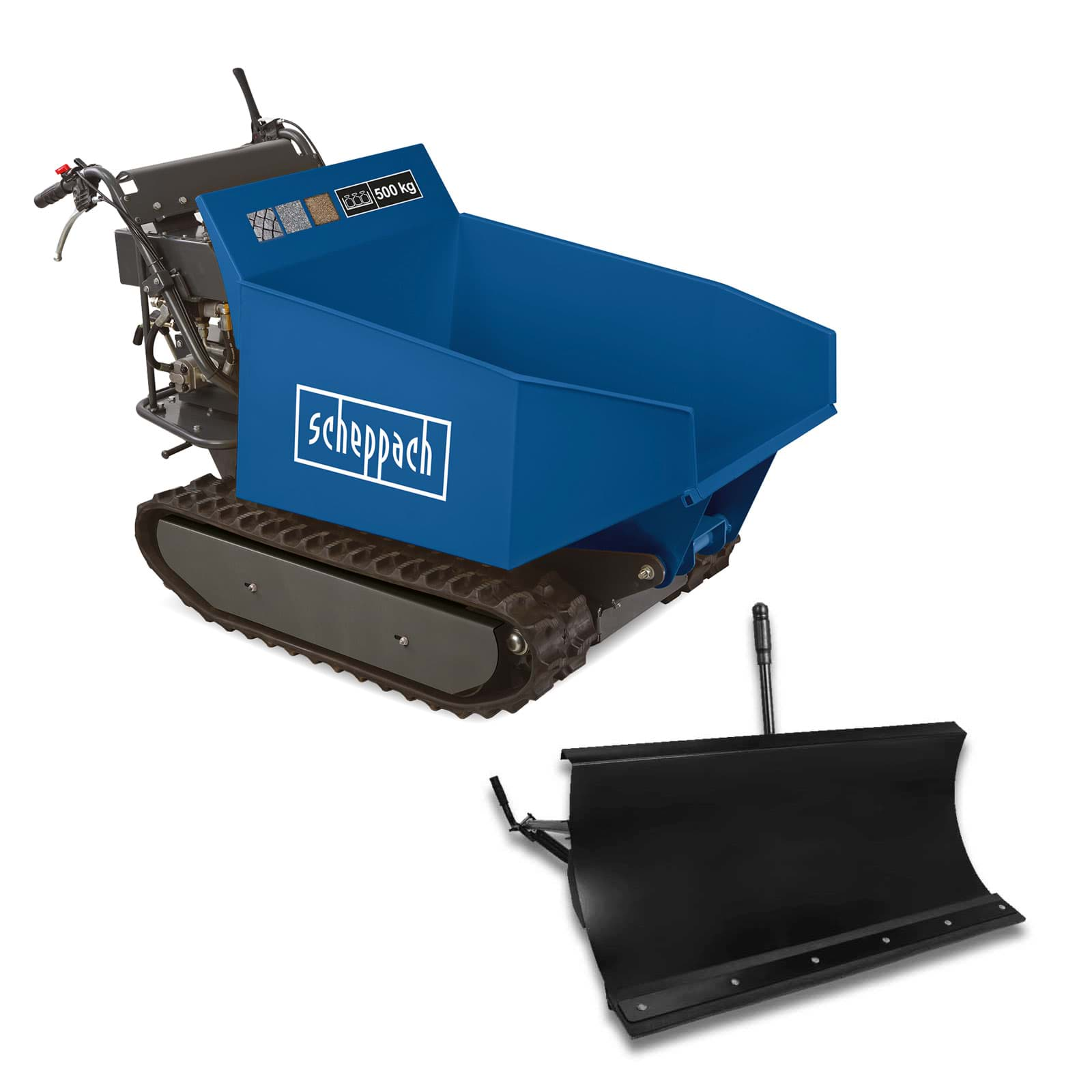 Kettendumper DP5000 Scheppach-5,6 PS | Traglast 500 kg | Hydraulik-Kippbehälter | mit Schneeschild