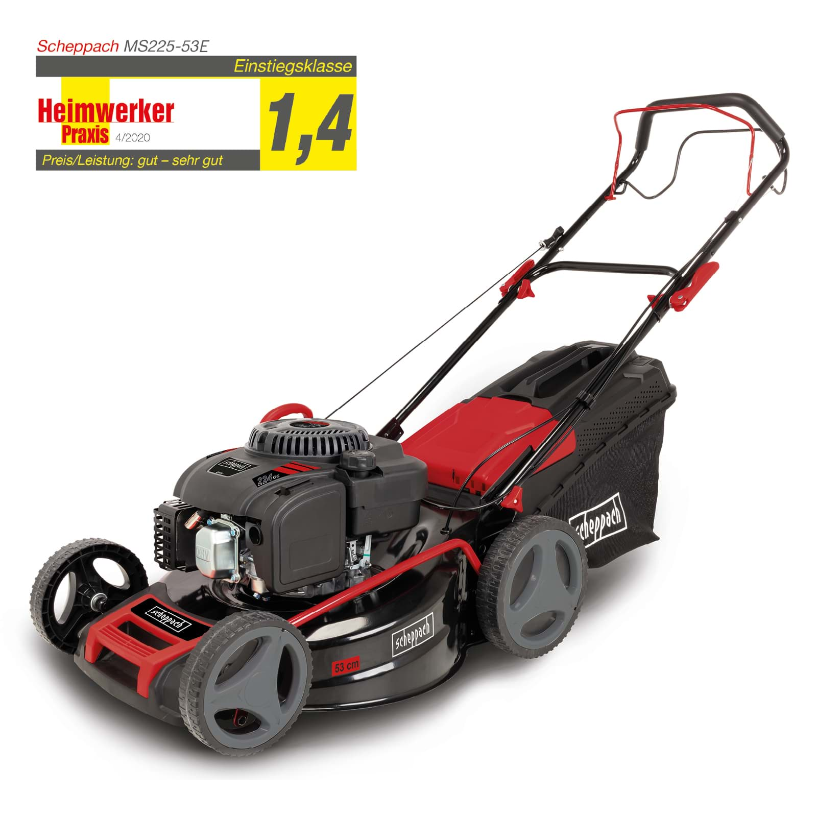 Scheppach Benzin Rasenmäher MS225-53-7PS | 53 cm Schnittbreite | Radantrieb | inkl. Motoröl