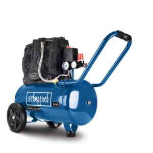 Scheppach 5906140901 Silent-Kompressor 1100W, 8 bar, ölfrei inkl. 24 L Tank, Doppelzylinder,  2x Schnellkupplung & Fahrvorrichtung (HC25Si)